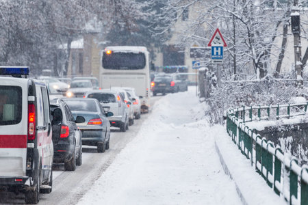 Traffic jam in the middle of winter. Snow calamity. Snowstorm in Slovakia