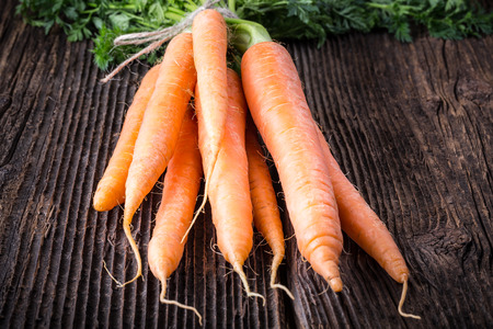 Fresh young bunch of carrots and leaves. Suitable for vegetarians and vegans.の写真素材