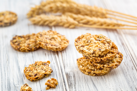 Cereal cookies with raisins and nuts. Healthy nutrition vegan food with protein.の写真素材