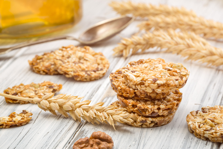 Cereal cookies with raisins and nuts. Healthy nutrition vegan food with protein.の写真素材