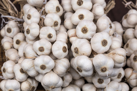 Braid of a organic homemade garlic. Strings of dried garlic in a market.の写真素材