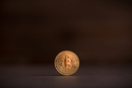 A new shiny coin Bitcoin with dark background.
