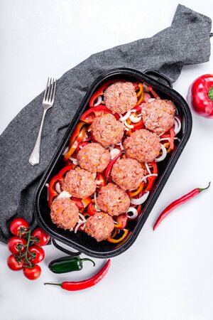 Homemade meatballs with sauce. Minced meat and vegetables.の写真素材