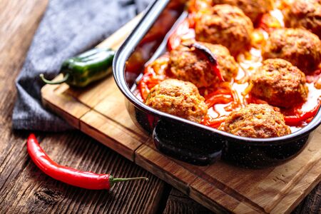 Homemade meatballs with sauce. Minced meat and vegetables.の写真素材
