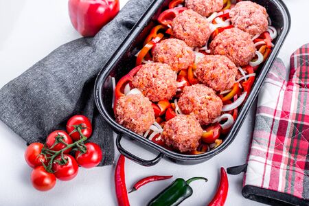 Homemade meatballs with sauce. Minced meat and vegetables.の写真素材