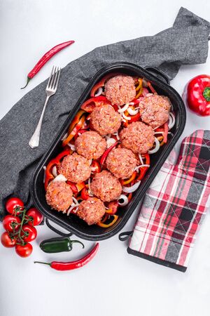 Homemade meatballs with sauce. Minced meat and vegetables.の写真素材