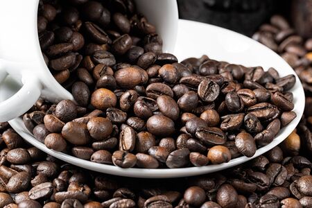 White coffee cup and roasted coffee beansの写真素材
