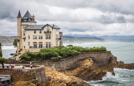 Biarritz, France - August 11 2019: Castle-like manor house on the coast facing the rough seaのeditorial素材