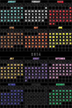 MOST SIMPLE CALENDAR 2014 colored months letter on black backgroundのイラスト素材