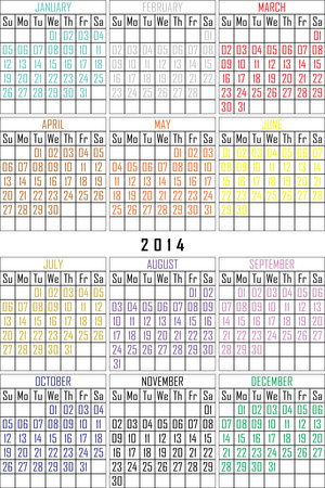 MOST SIMPLE CALENDAR 2014 colored monthsのイラスト素材