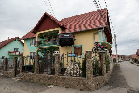 car stuck in house wall pop art decoのeditorial素材