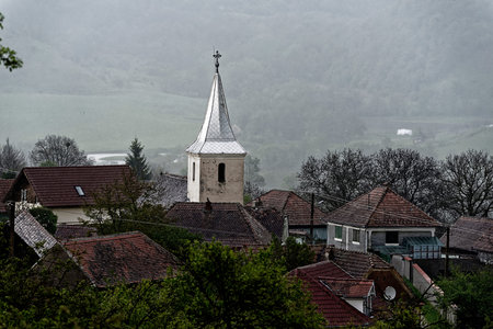 Nucet village Sibiu county Romania, view into the rainの写真素材