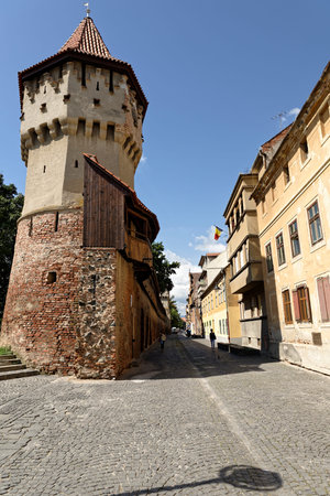 Old Town Sibiu Romania Cetatii Street Fortress Towers and Fortress Wallの写真素材