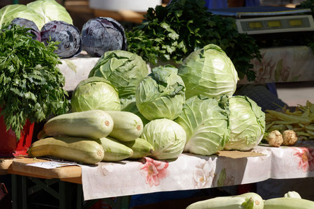 cabbage exposed on stalls in the marketの写真素材
