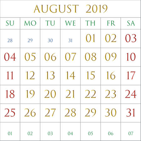 2019 Calendar for the month of August on white background rectangles bordered with grayのイラスト素材