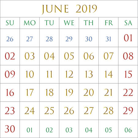 2019 Calendar for the month of June on white background rectangles bordered with grayのイラスト素材