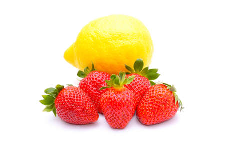 Strawberries and lemon solated on white backgroundの写真素材