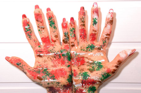 Painted hands, colorful funの写真素材