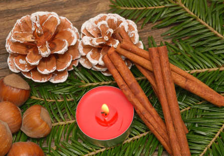 Christmas Decoration Over Wooden Backgroundの写真素材