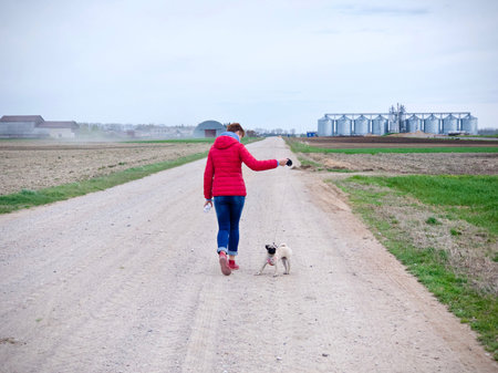 woman with a red jacket go walkies with a pug on a gravel path at countrysideの写真素材