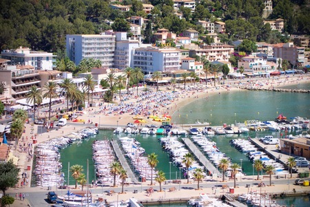 Aerial view of Port de Soller outdoors in a valley with a mediterranean sea portの写真素材