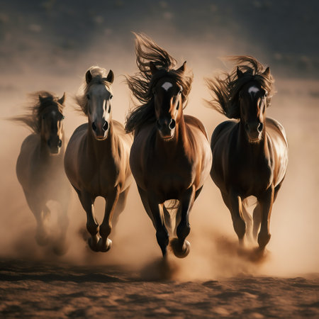 Horses run gallop in the dust. Motion blur effect.の素材