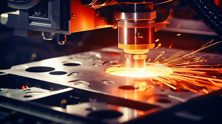 The CNC milling machine cutting the automotive part with the sparking light. The hi-technology automotive parts manufacturing process.の素材