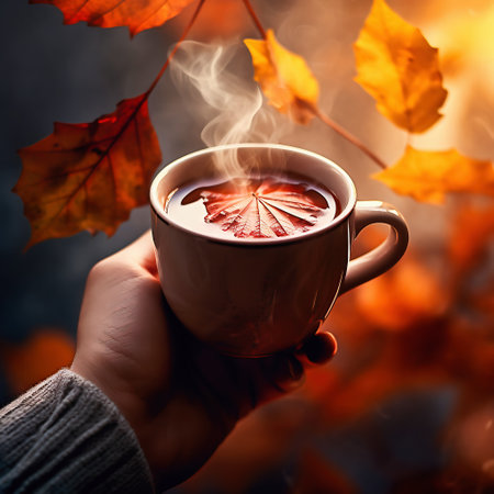 Female hand holding a cup of hot tea with autumn leaves on the backgroundの素材
