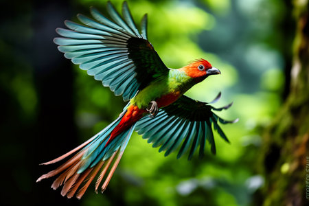 Red-and-green quetzal in flightの素材