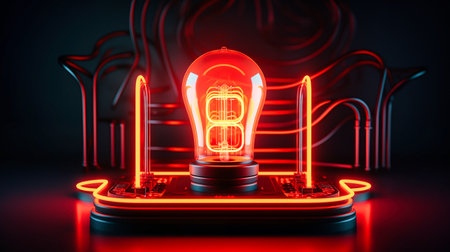 Circuit with red light bulb on a black backgroundの素材