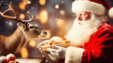 christmas, holidays and people concept - close up of santa claus with reindeer and cookies over lights backgroundの素材