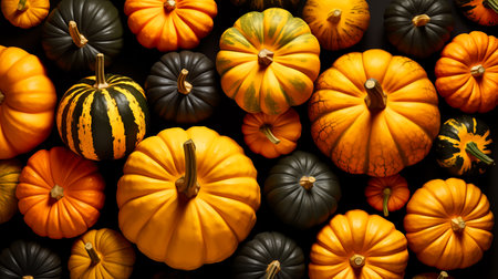 Variety of decorative pumpkins as a background, top view.の素材