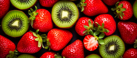 Strawberry and kiwi fruit background. Top view.の素材