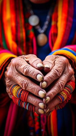 Close up of the hands of an old indigenous woman in a colorful dress, Ecuador.の素材