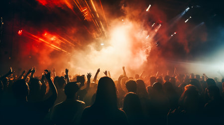 Crowd at a concert in front of bright stage lights - music conceptの素材