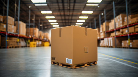 Cardboard box on pallet in warehouse. Logistics and transportation conceptの素材