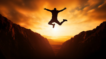 Silhouette of a man jumping on the edge of a cliffの素材