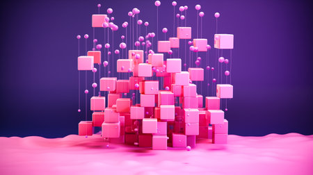 Pink cubes and floating little spheres in pink against purple backgroundの素材