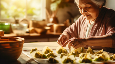 Asian senior woman preparing zongzi chinese dumpling in her kitchenの素材
