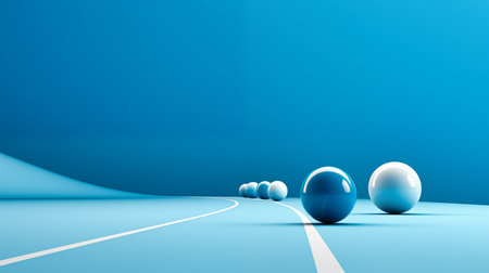 3d rendering of blue balls in a row on a blue backgroundの素材