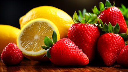 Lemons and strawberries on a wooden table.の素材