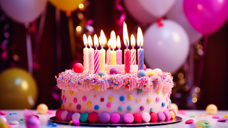 Birthday cake with candles and balloons on blurred background, closeupの素材