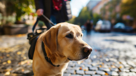 Labrador retriever service dog guiding a woman on the streetの素材