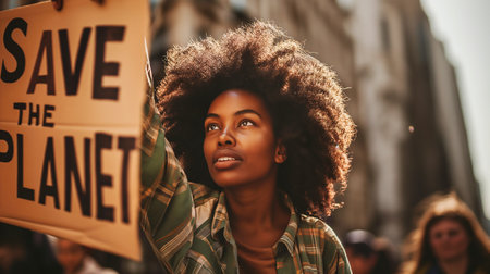 Young african american woman with afro hairstyle protesting for the planet and environment.の素材