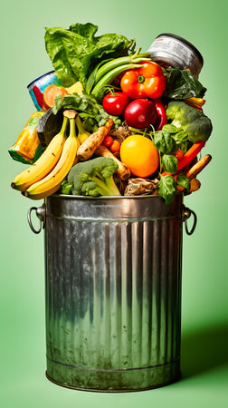 Trash bin full of fresh organic vegetables and fruits. Food waste conceptの素材