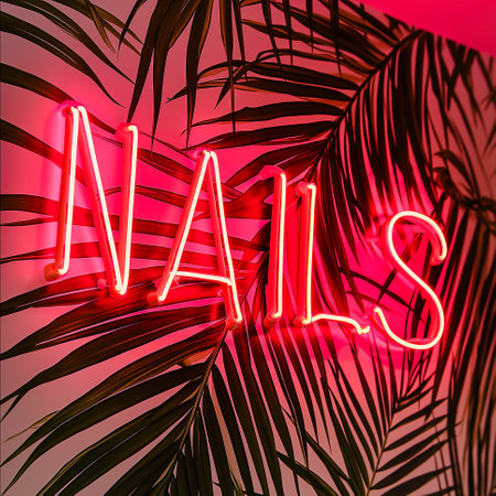 Neon sign with the word "Nails" against palm leaf on pink background. beauty conceptの素材