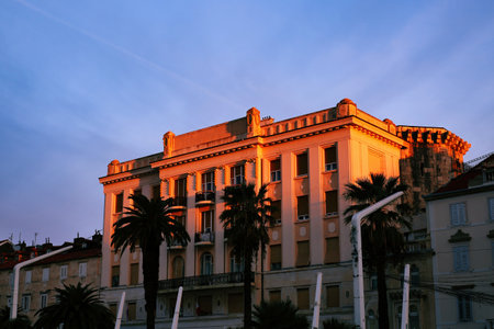 View of the facade of a building in the Riva Walk at sunrise. Split, Croatiaの写真素材