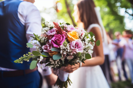 Wedding bouquet in hands of the bride and groom.の素材