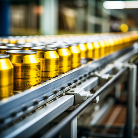 Production line of the beer factory. Cans of beer on the conveyor belt. Industrial backgroundの素材