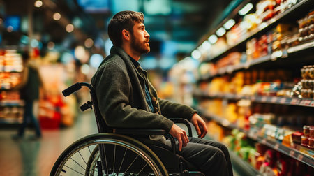 Young man in a wheelchair at the supermarket. Shopping and healthcare concept.の素材